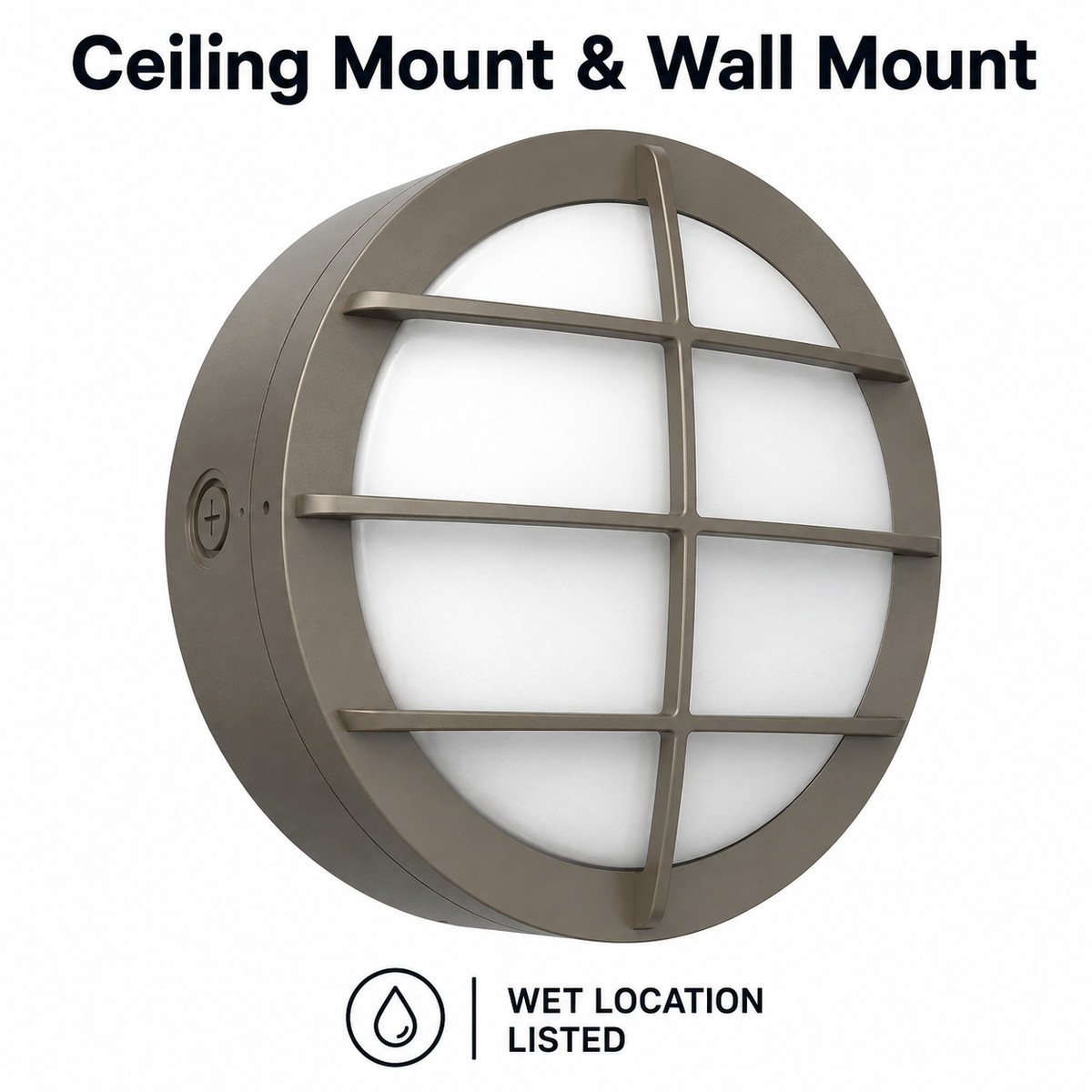 LED Round Bulk Head Light With Grid Trim - Wall or Ceiling Mount – Wet Location - Watt Selectable 60W/48W/36W - Color Selectable 30K/40K/50K - 120/277V - Bronze Finish - Integrated Photocell Included