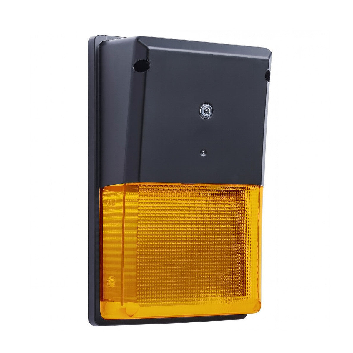 20W LED turtle friendly wall pack, black finish with amber lens, wildlife safe light, clean white background, studio image