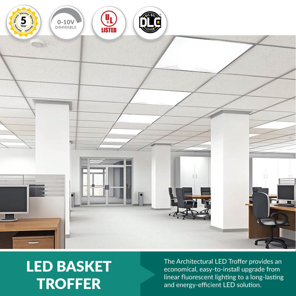 LED Basket Troffer - Selectable 34/38/45 Watt - Recessed Drop Ceiling Mount - 4250-5700 Lumens - Color Selectable 35K/40K/50K - 120-277V - White Finish - Dimmable