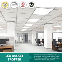 LED Basket Troffer - Selectable 34/38/45 Watt - Recessed Drop Ceiling Mount - 4250-5700 Lumens - Color Selectable 35K/40K/50K - 120-277V - White Finish - Dimmable - With Emergency Battery Back Up