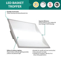 LED Basket Troffer - Selectable 34/38/45 Watt - Recessed Drop Ceiling Mount - 4250-5700 Lumens - Color Selectable 35K/40K/50K - 120-277V - White Finish - Dimmable - With Emergency Battery Back Up