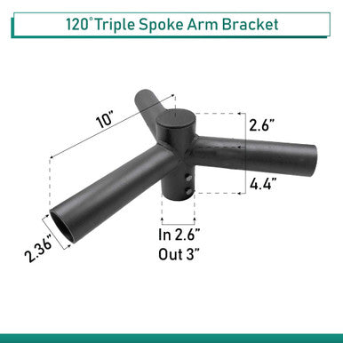 3 Fixture Light Pole Spoke Bracket, 3 Way at 120 degrees, 2 Feet Wide, slips on 2-3/8 tenon