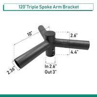 3 Fixture Light Pole Spoke Bracket, 3 Way at 120 degrees, 2 Feet Wide, slips on 2-3/8 tenon
