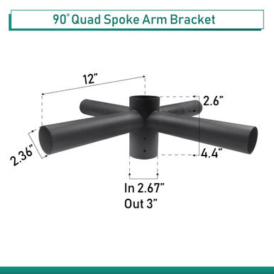 4 Head Light Pole Spoke Bracket, 4 Way Quad at 90 degrees, 2 Feet Wide, slips on 2-3/8 tenon