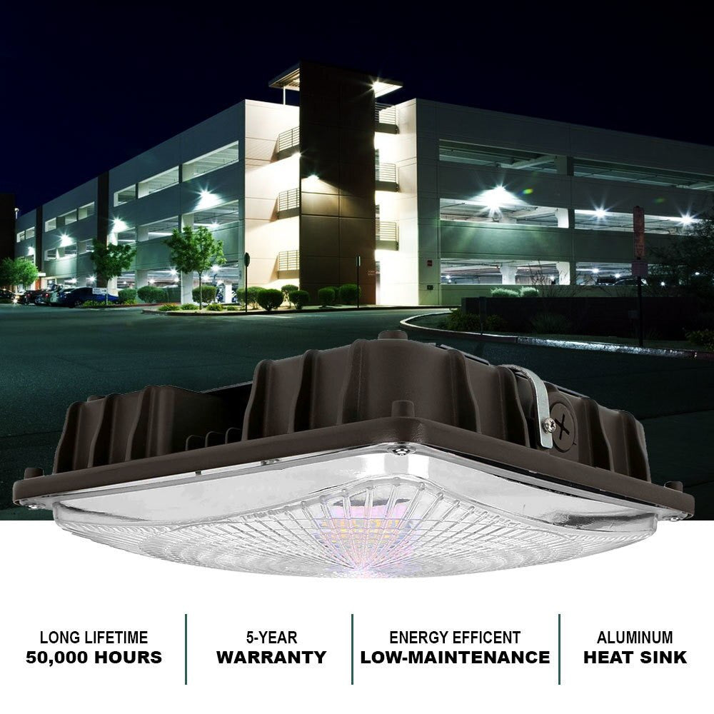 Square LED Canopy Light - 40 Watt - Ceiling or Conduit Mount - 5400 Lumens - 5000K Daylight - 120-277V - Bronze