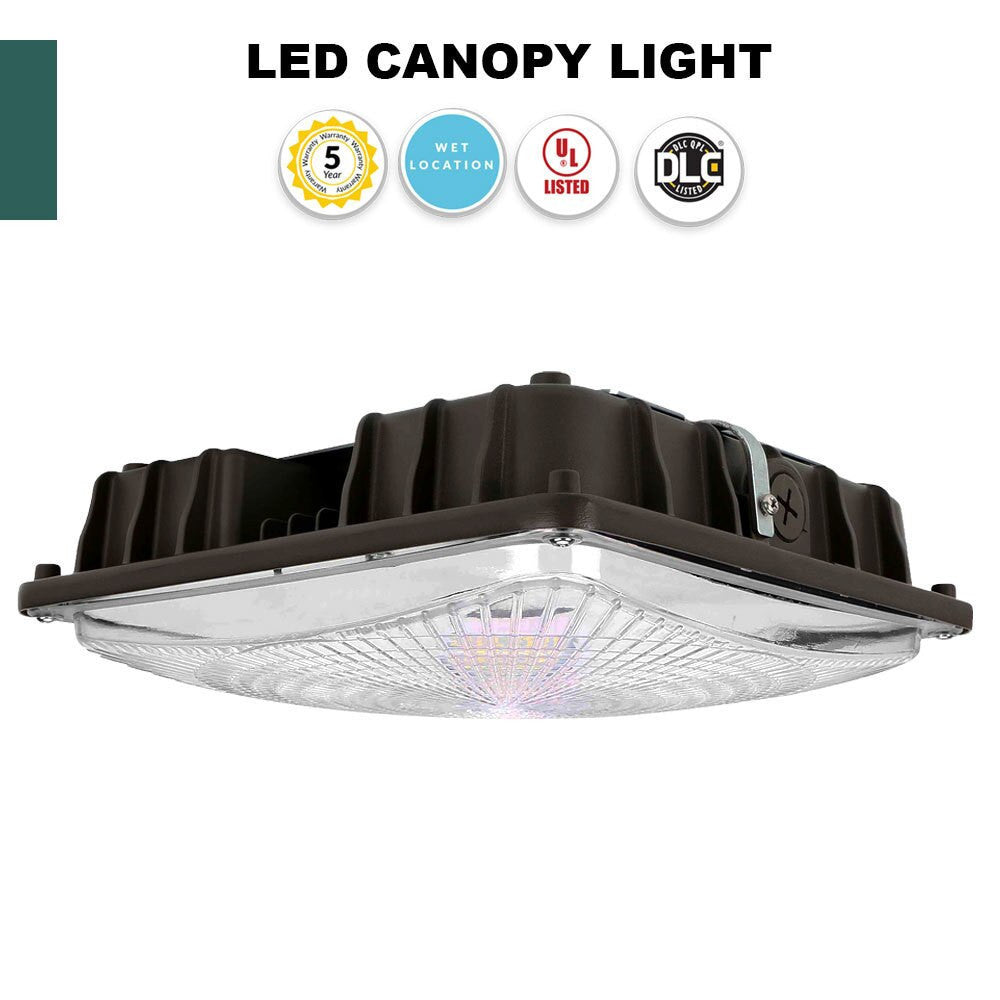Square LED Canopy Light - 40 Watt - Ceiling or Conduit Mount - 5400 Lumens - 5000K Daylight - 120-277V - Bronze
