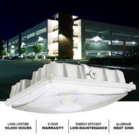 Square LED Canopy Light - 40 Watt - Ceiling or Conduit Mount - 5400 Lumens - 5000K Daylight - 120-277V- White