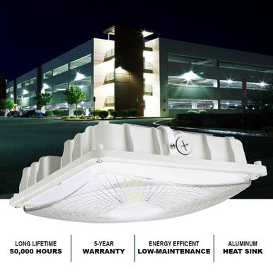 Square LED Canopy Light - 40 Watt - Ceiling or Conduit Mount - 5400 Lumens - 5000K Daylight - 120-277V- White
