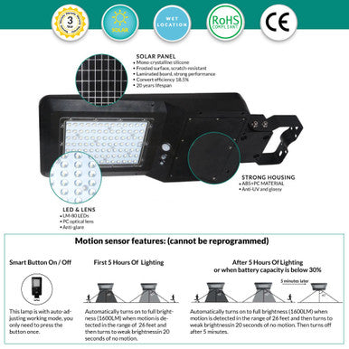 LED Solar Dusk to Dawn Light - 15 Watt - 1600 Lumens - 6000K Daylight - Wall or Post Mount - with PIR Motion Sensor