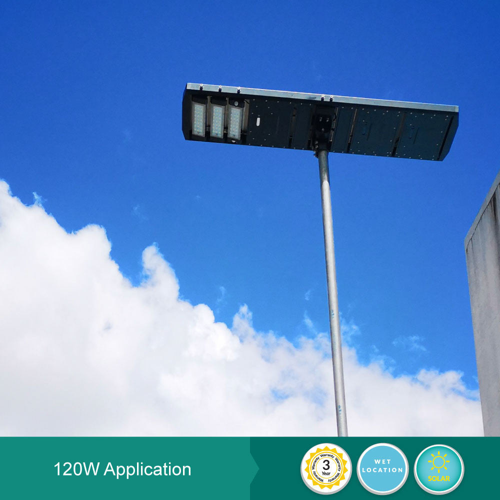 LED Solar Street Light - 120 Watt - 18000 Lumens - 6000K Daylight - Post Mount - with Programmable Motion Sensor - Black Finish
