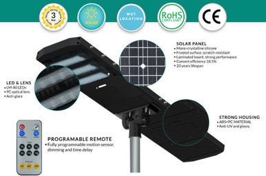 LED Solar Street Light - 120 Watt - 18000 Lumens - 6000K Daylight - Post Mount - with Programmable Motion Sensor - Black Finish