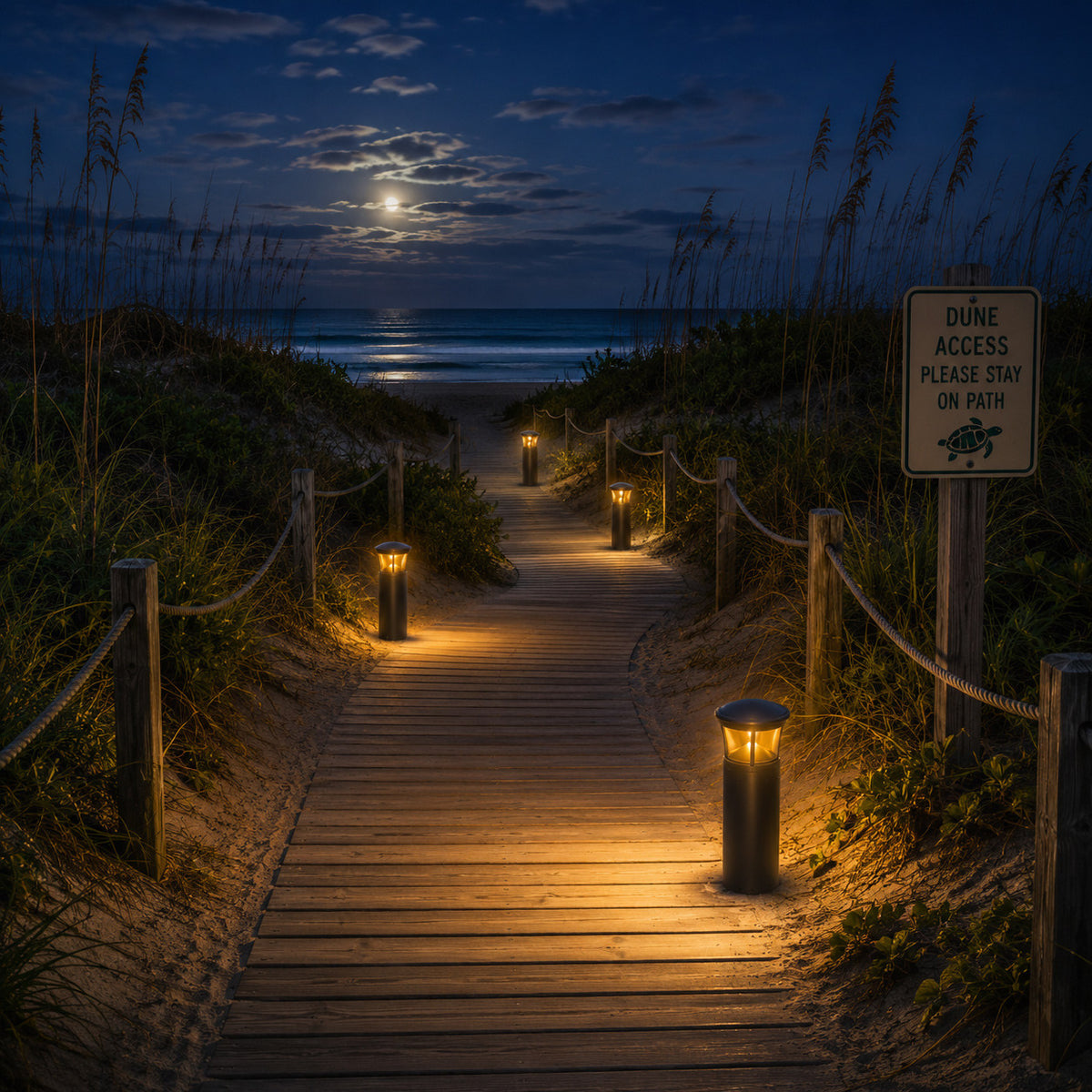 24 inch turtle friendly LED bollard lights, coastal dune access boardwalk, amber pathway lighting, beach at night.
