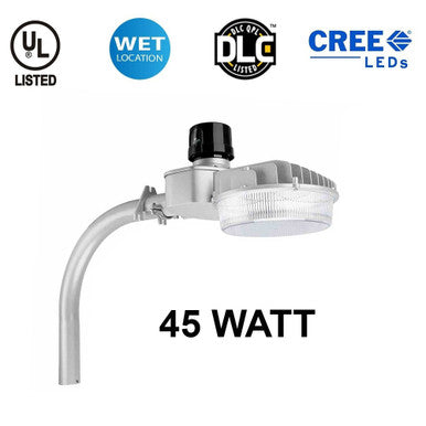 45 Watt LED Dusk To Dawn Light With Photocell - 6200 Lumens - 5000K Daylight - 120-277V - Silver Finish - Includes Arm/Wall Mount