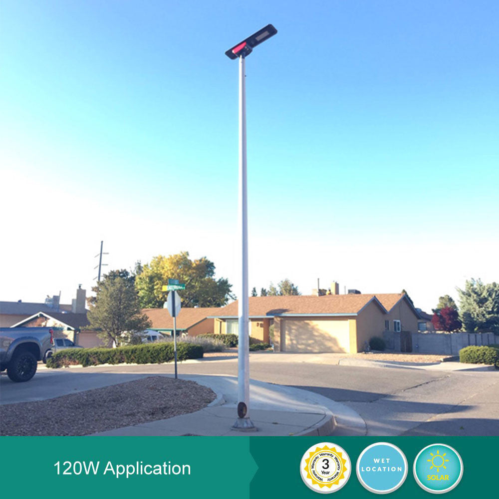 LED Solar Street Light - 120 Watt - 18000 Lumens - 6000K Daylight - Post Mount - with Programmable Motion Sensor - Black Finish
