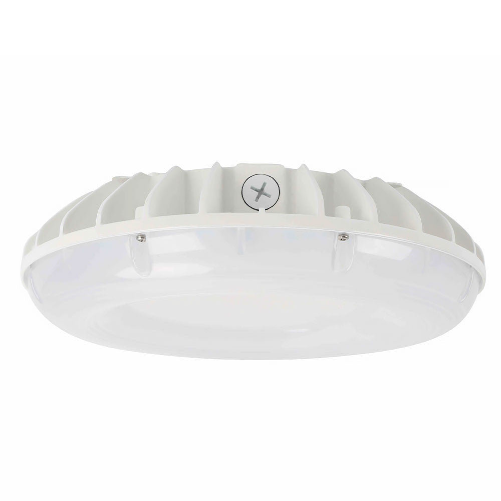 60 Watt LED Round Garage Canopy Light - Ceiling or Conduit Mount - 7100 Lumens - 5000K Daylight - 120-277V - White Finish