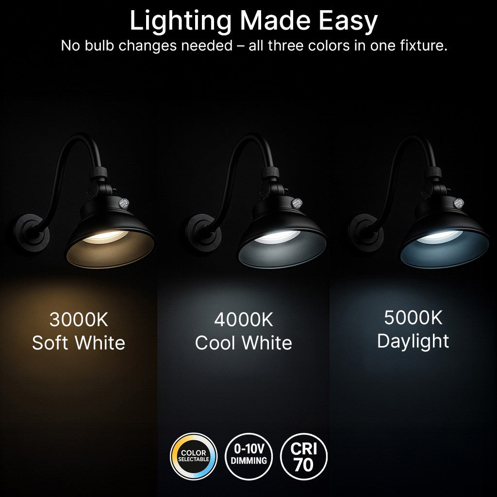 LED Outdoor Gooseneck Wall Lights - Medium 25 Watts - 3000 Lumens - Color Selectable 30K/40K/50K - 120-277V - Integrated Photocell - Black Finish