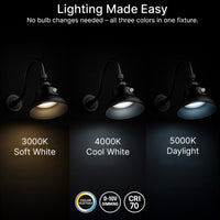 LED Outdoor Gooseneck Wall Lights - Medium 25 Watts - 3000 Lumens - Color Selectable 30K/40K/50K - 120-277V - Integrated Photocell - Black Finish
