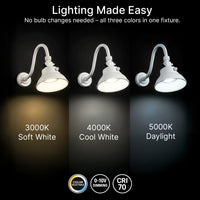 LED Outdoor Gooseneck Wall Lights - Medium 25 Watts - 3000 Lumens - Color Selectable 30K/40K/50K - 120-277V - Integrated Photocell - White Finish