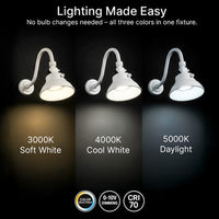 LED Outdoor Gooseneck Wall Lights - Medium 25 Watts - 3000 Lumens - Color Selectable 30K/40K/50K - 120-277V - Integrated Photocell - White Finish