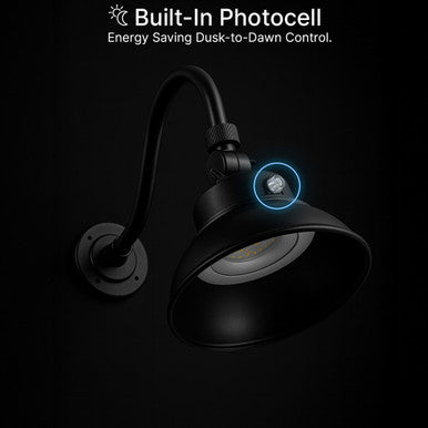 LED Outdoor Gooseneck Wall Lights - Medium 25 Watts - 3000 Lumens - Color Selectable 30K/40K/50K - 120-277V - Integrated Photocell - Black Finish