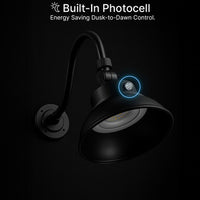 LED Outdoor Gooseneck Wall Lights - Medium 25 Watts - 3000 Lumens - Color Selectable 30K/40K/50K - 120-277V - Integrated Photocell - Black Finish