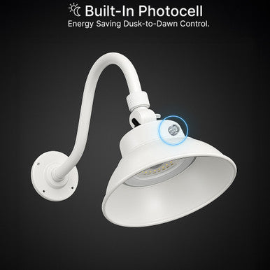 LED Outdoor Gooseneck Wall Lights - Medium 25 Watts - 3000 Lumens - Color Selectable 30K/40K/50K - 120-277V - Integrated Photocell - White Finish