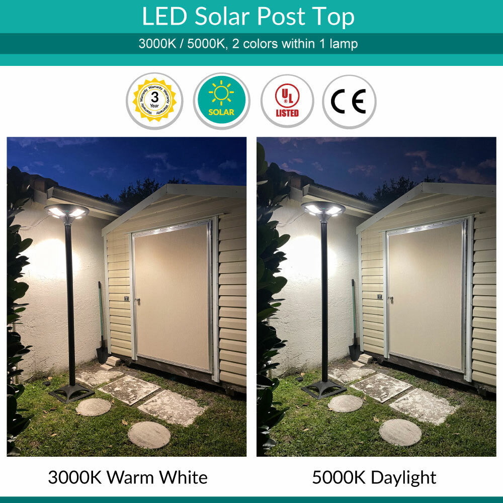 Solar LED Post Top Light w/ Timed Dimming - Dusk To Dawn - 3 Phase Dimming to Preserve Battery - Extremely Bright - Commercial Grade - 40 Watt - 4000 Lumen Output - Warm White/Daylight Color Switchable