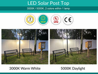 Solar LED Post Top Light w/ Timed Dimming - Dusk To Dawn - 3 Phase Dimming to Preserve Battery - Extremely Bright - Commercial Grade - 40 Watt - 4000 Lumen Output - Warm White/Daylight Color Switchable