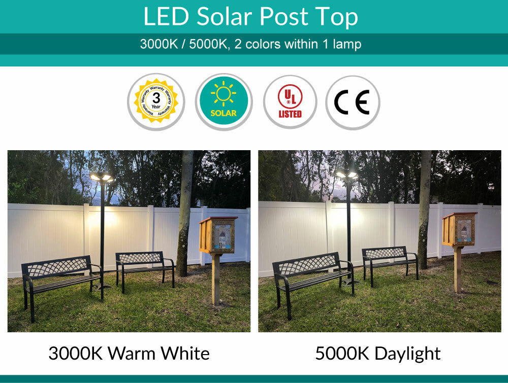 Solar LED Post Top Light w/ Timed Dimming - Dusk To Dawn - 3 Phase Dimming to Preserve Battery - Extremely Bright - Commercial Grade - 40 Watt - 4000 Lumen Output - Warm White/Daylight Color Switchable