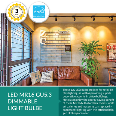 7 Watt LED MR16 Bulb - GU5.3 Bipin - 500 Lumens - 2700K Warm White - 12V - Dimmable