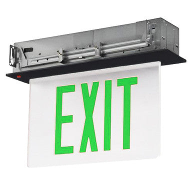LED Edge Lit Exit Sign Recessed Mount - Black Canopy with White Panel and Green Lettering