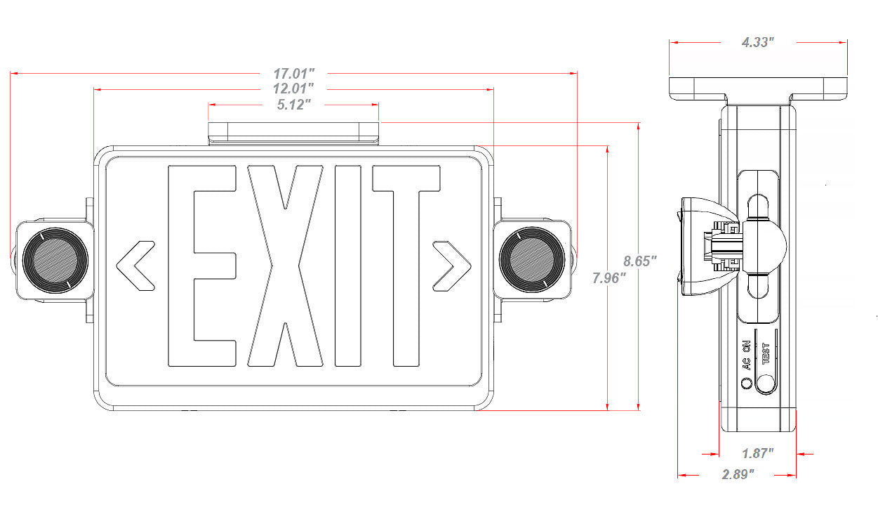 Reduced Profile Combo LED Exit Sign And Emergency Light - White Housing Color, with Green Lettering - With 90 Minute Battery Back-Up