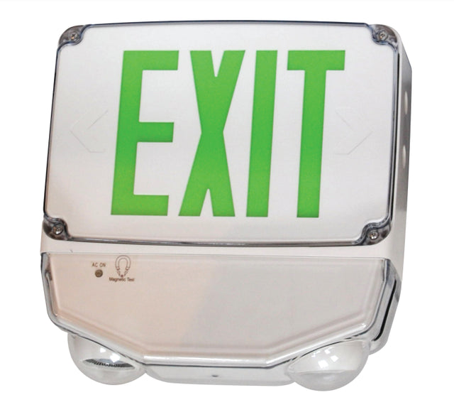 Wet Location Combo LED Exit Sign And Emergency Light - Choose White or Black Housing Color, with Red or Green Lettering - With 90 Minute Battery Back-Up