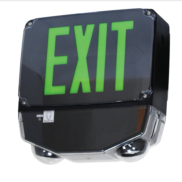 Wet Location Combo LED Exit Sign And Emergency Light - Choose White or Black Housing Color, with Red or Green Lettering - With 90 Minute Battery Back-Up