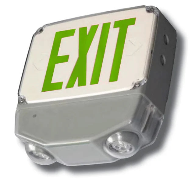 Wet Location Combo LED Exit Sign And Emergency Light - Choose White or Black Housing Color, with Red or Green Lettering - With 90 Minute Battery Back-Up