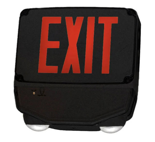 Wet Location Combo LED Exit Sign And Emergency Light - Choose White or Black Housing Color, with Red or Green Lettering - With 90 Minute Battery Back-Up