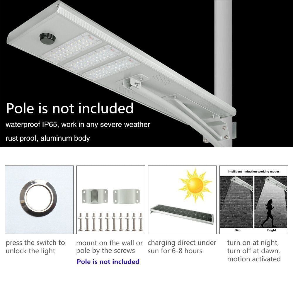 Solar LED Dusk to Dawn Pole Light - 100 Watt - 10,000 Lumens - With Clamp and Arm Mounting
