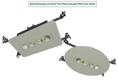 Recessed Emergency Downlight - White Finish With 90 Minute Battery Back-Up - Oval and rectangle trim plates included