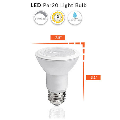 7 Watt LED PAR20 Bulb - E26 Medium Base - 520 Lumens - 5000K Daylight - 120V - Dimmable