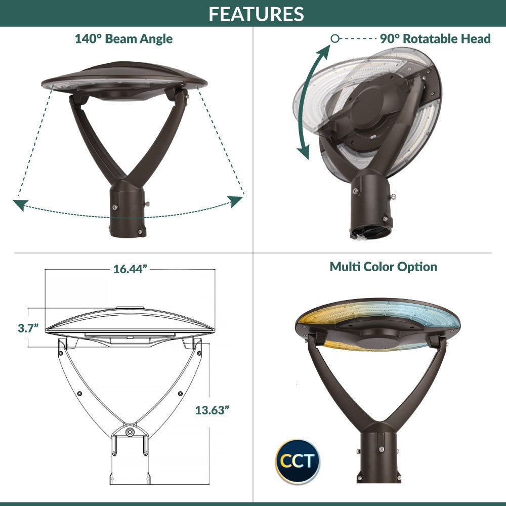 LED Adjustable Swivel Post Light - 100/80/60 Watt - Up 12000 Lumens - Color Selectable 30K/40K/50K - 120-277V - Dark Bronze - Fits Up to 2.5 Inch Pole Top
