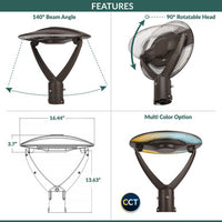 LED Adjustable Swivel Post Light - 100/80/60 Watt - Up 12000 Lumens - Color Selectable 30K/40K/50K - 120-277V - Dark Bronze - Fits Up to 2.5 Inch Pole Top