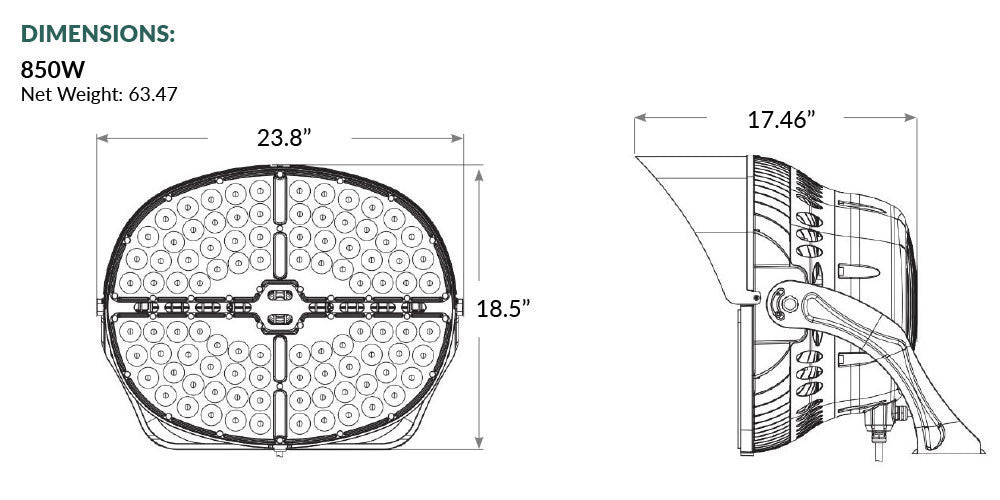High Output LED Stadium Light - 850W - 200-480 Volts - Color Selectable 40K/50K/57K -125000 Lumen - Yoke Mount - Black Finish