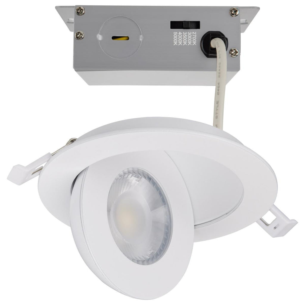 4 Inch Round LED Gimbaled Downlight - 9W - 750 Lumens - 120V - Color Temperature Selectable 27K/30K/35K/40K/50K - White Finish - No Recess Can Required
