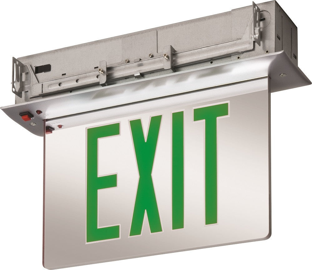 Recessed Mount Edge-Lit Exits with LED Lamps, Single Face, Green, Emergency,