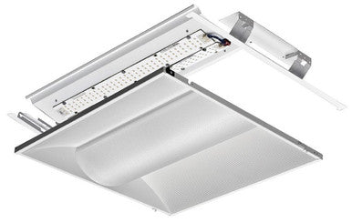 LED 2x2 Volumetric Architectural Fixture, white lower bracket, Nominal 2000 lumens, Acrylic diffuser, linear prismatic lens, eldoLED dimming 1pct, 80+ CRI, 3500K, SKU - 229CCE - 2VTL2RT 20L ADP EZ1 LP835