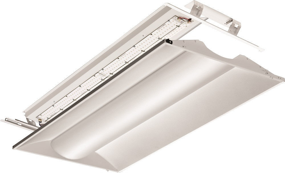 LED 2x4 Volumetric Architectural Fixture, white lower bracket, Nominal 4800 lumens, Acrylic diffuser, linear prismatic lens, eldoLED dimming 1pct, 80+ CRI, 4000K, SKU - 230KMV - 2VTL4RT 48L ADP EZ1 LP840
