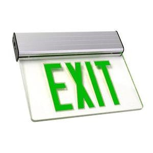 Aluminum LED Edgelit Exit Sign- Surface Mount Aluminum Canopy with Clear Panel and Green lettering - With Battery Back-Up
