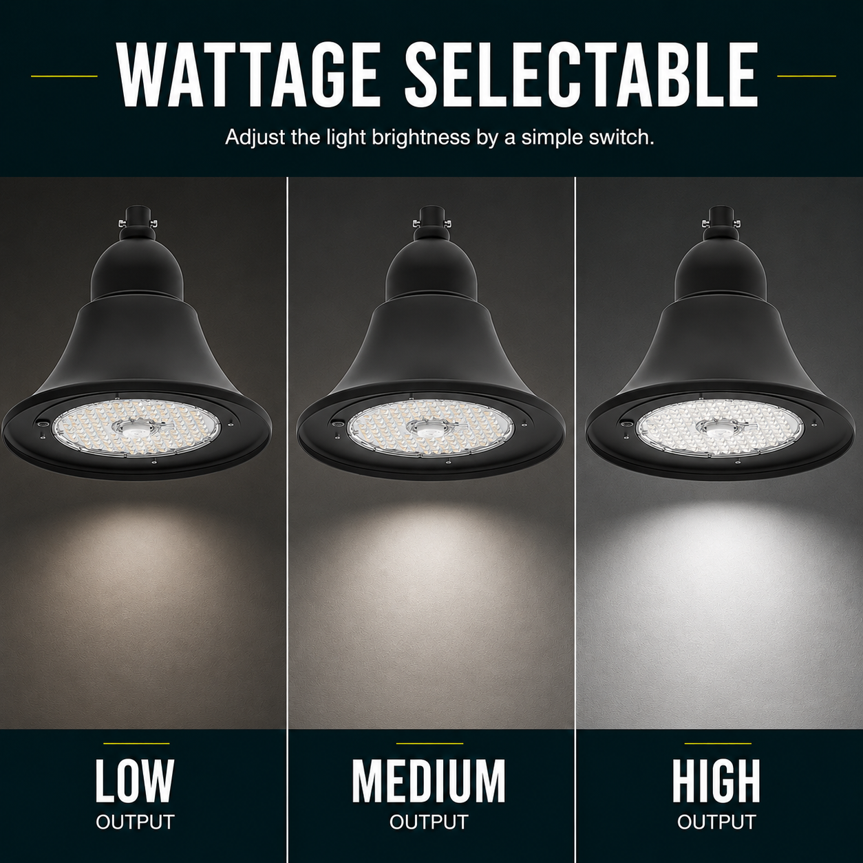 LED Designer Bell Post Light - 23 Inch Diameter - Watt Selectable 150/100/80W - 110-277V - Color Temperature Selectable 30/40/50K - Dimmable - Black Finish - With Bent Decorative Wall Bracket - Photocell Included