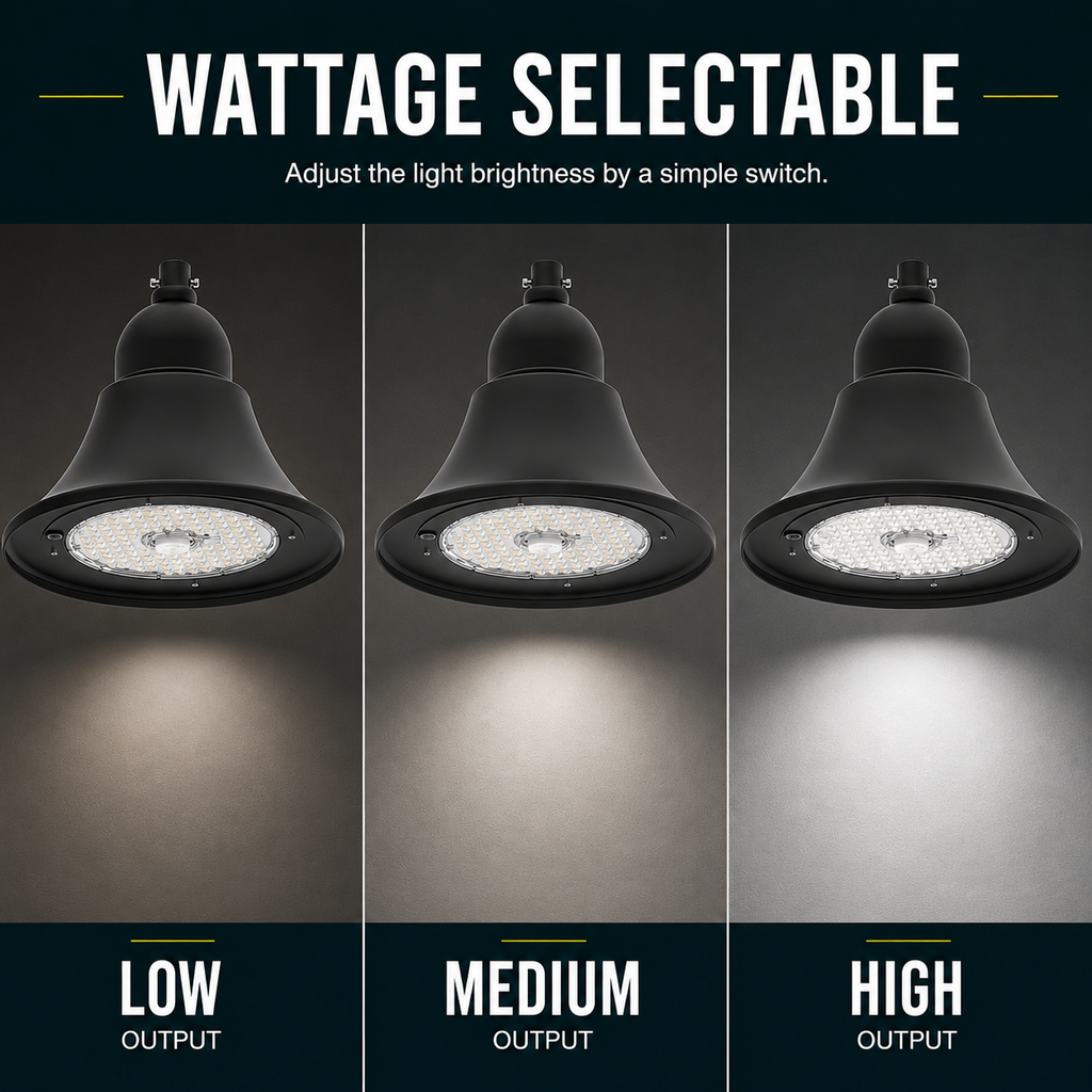LED Designer Bell Post Light - 23 Inch Diameter - Watt Selectable 150/100/80W - 110-277V - Color Temperature Selectable 30/40/50K - Dimmable - Black Finish - With Double Bell Post Arm Pole Mount & 2 Inch Adapter - Photocell Included
