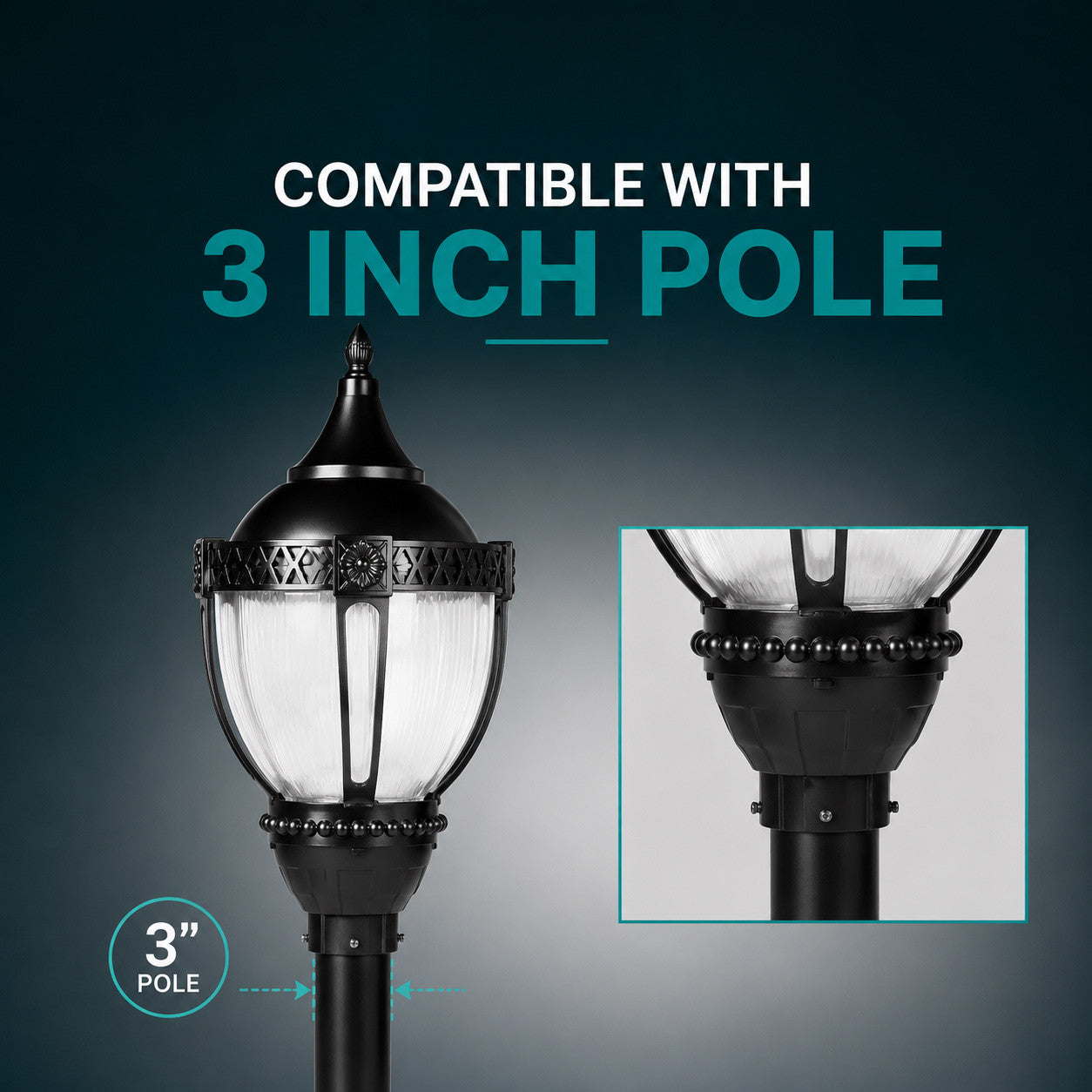LED Designer Post Light - Small - Selectable 100/80/60 Watt - 11000 Max Lumens - Color Selectable 30K/40K/50K - 120-277V - Black - Fits Up to 3 Inch Pole Top